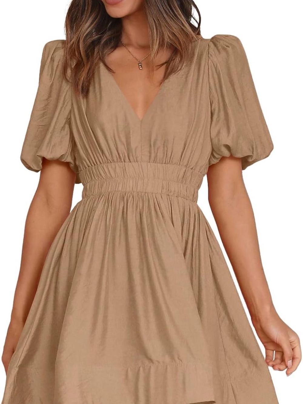 Women’s V-Neck Puff Sleeve Smocked Waist Dress — Khaki